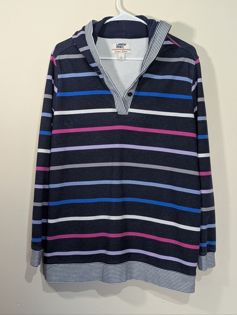 Lands End Serious Sweats Womens L Striped Hoodie Pullover Sweatshirt Cotton